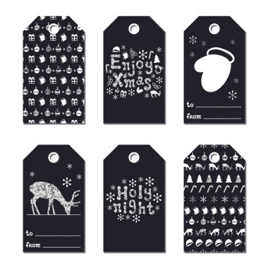 Yılbaşı yeni yıl hediye Etiketler. Kartları xmas gümüş ayarlayın. Elle çizilmiş öğe. Tatil kağıt etiket siyah beyaz koleksiyonu. Mevsimlik rozet Satılık tasarım. Glitter doku. Yazdırın. Vektör çizim.