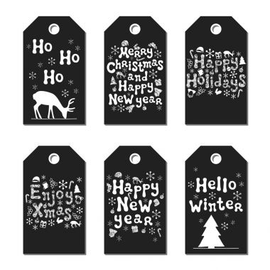 Yılbaşı yeni yıl hediye Etiketler. Kartları xmas gümüş ayarlayın. Elle çizilmiş öğe. Tatil kağıt etiket siyah beyaz koleksiyonu. Mevsimlik rozet Satılık tasarım. Glitter doku. Yazdırın. Vektör çizim.