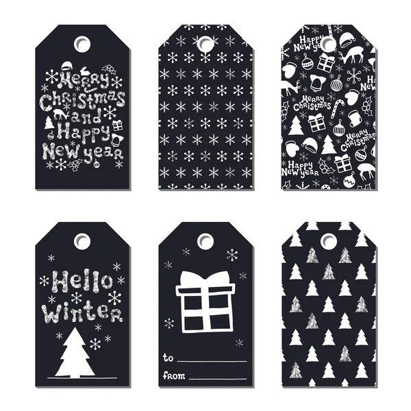 Yılbaşı yeni yıl hediye Etiketler. Kartları xmas gümüş ayarlayın. Elle çizilmiş öğe. Tatil kağıt etiket siyah beyaz koleksiyonu. Mevsimlik rozet Satılık tasarım. Glitter doku. Yazdırın. Vektör çizim.