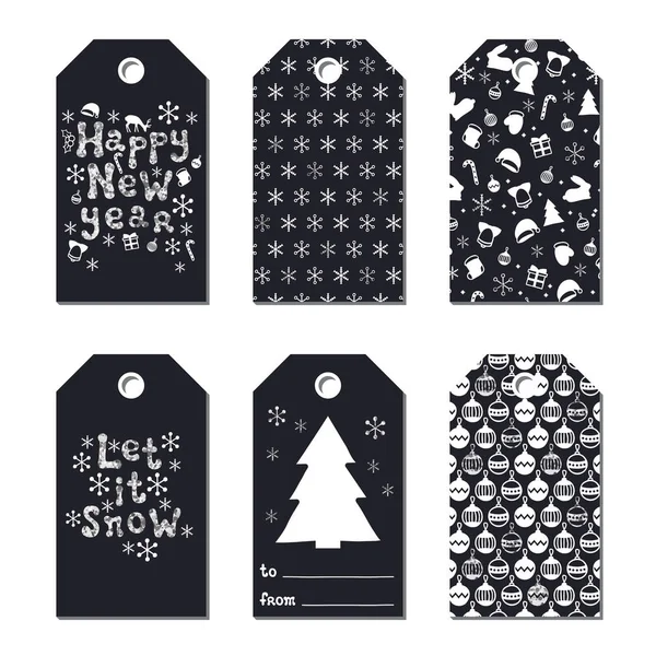 Yılbaşı yeni yıl hediye Etiketler. Kartları xmas gümüş ayarlayın. Elle çizilmiş öğe. Tatil kağıt etiket siyah beyaz koleksiyonu. Mevsimlik rozet Satılık tasarım. Glitter doku. Yazdırın. Vektör çizim.