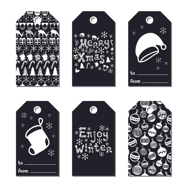 Yılbaşı yeni yıl hediye Etiketler. Kartları xmas gümüş ayarlayın. Elle çizilmiş öğe. Tatil kağıt etiket siyah beyaz koleksiyonu. Mevsimlik rozet Satılık tasarım. Glitter doku. Yazdırın. Vektör çizim.