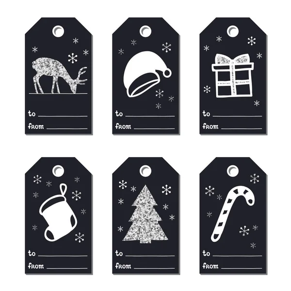 クリスマス新年ギフト タグ。カード クリスマス銀を設定します。手描画する要素。白と黒のホリデイ ・紙ラベルのコレクション。季節限定バッジ販売デザイン。キラキラのテクスチャです。印刷します。ベクトル図. — ストックベクタ