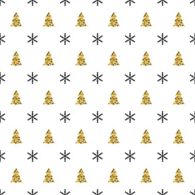 Noel Yılbaşı kar taneleri Noel ağacı ile seamless modeli. Tatil arka plan. Xmas kış dekorasyonu. Altın doku. El vektör çizim çekilmiş. Kar desen. Hediye kağıt ambalaj.