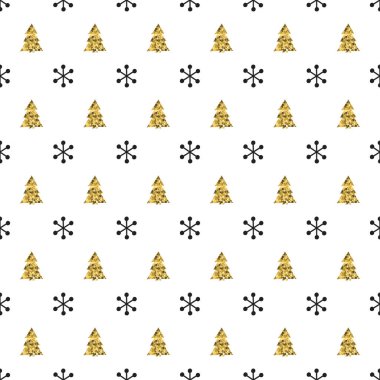 Noel Yılbaşı kar taneleri Noel ağacı ile seamless modeli. Tatil arka plan. Xmas kış dekorasyonu. Altın doku. El vektör çizim çekilmiş. Kar desen. Hediye kağıt ambalaj.