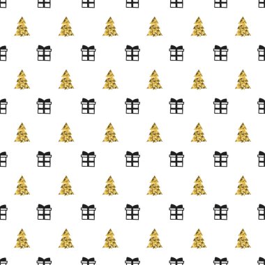 Yılbaşı yeni yıl hediye Noel ağacı ile seamless modeli. Tatil arka plan. Altın beyaz hediye. Xmas kış doodle dekorasyon. Altın doku. El vektör çizim çekilmiş. Hediye kağıt ambalaj.