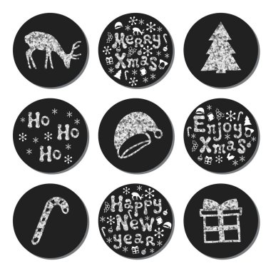 Yılbaşı yeni yıl gümüş Hediyelik Etiketler yuvarlak. Xmas kümesi Etiketler. Elle çizilmiş glitter dekoratif unsur. Parlak tatil Noel çıkartmaları topluluğu. Vektör çizim. Yazı, kaligrafi.