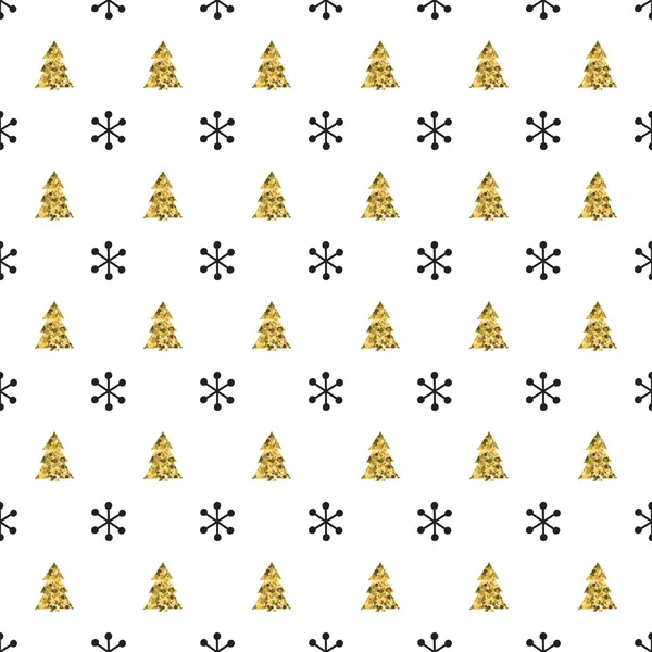 Noel Yılbaşı kar taneleri Noel ağacı ile seamless modeli. Tatil arka plan. Xmas kış dekorasyonu. Altın doku. El vektör çizim çekilmiş. Kar desen. Hediye kağıt ambalaj.