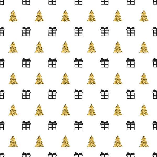 Yılbaşı yeni yıl hediye Noel ağacı ile seamless modeli. Tatil arka plan. Altın beyaz hediye. Xmas kış doodle dekorasyon. Altın doku. El vektör çizim çekilmiş. Hediye kağıt ambalaj.