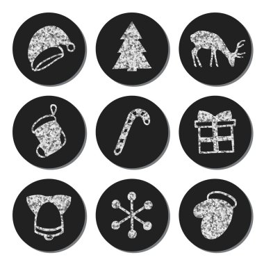 Yılbaşı yeni yıl gümüş Hediyelik Etiketler yuvarlak. Xmas kümesi Etiketler. Elle çizilmiş glitter dekoratif unsur. Parlak tatil Noel çıkartmaları topluluğu. Vektör çizim. Yazı, kaligrafi.