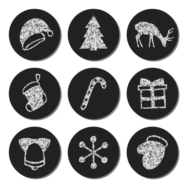 Yılbaşı yeni yıl gümüş Hediyelik Etiketler yuvarlak. Xmas kümesi Etiketler. Elle çizilmiş glitter dekoratif unsur. Parlak tatil Noel çıkartmaları topluluğu. Vektör çizim. Yazı, kaligrafi.