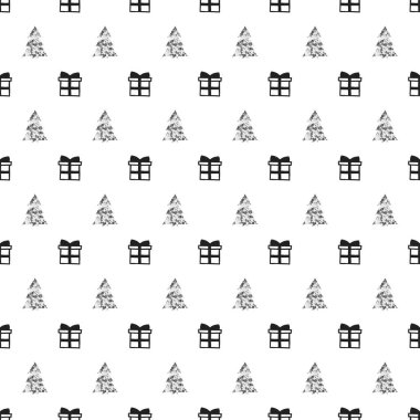 Yılbaşı yeni yıl hediye Noel ağacı ile seamless modeli. Tatil arka plan. Gümüş beyaz hediye. Xmas kış doodle dekorasyon. Gümüş doku. El vektör çizim çekilmiş. Hediye kağıt ambalaj.
