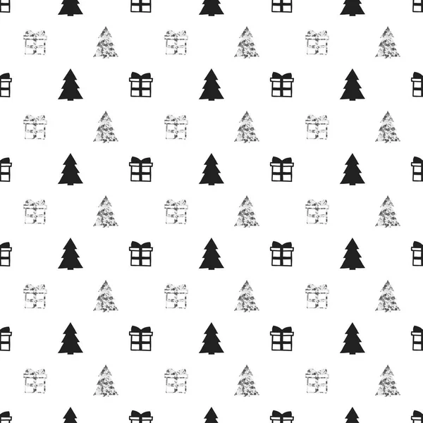 Patrón sin costura de Año Nuevo de Navidad con árbol de Navidad de regalo. Fondo de vacaciones. Regalo blanco plateado. Decoración de garabatos de invierno de Navidad. Textura plateada. Ilustración vectorial dibujada a mano. Papel de regalo de envolver . — Vector de stock