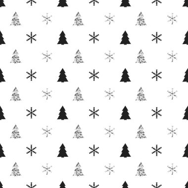 Noel Yılbaşı kar taneleri Noel ağacı ile seamless modeli. Tatil arka plan. Xmas kış dekorasyonu. Gümüş doku. El vektör çizim çekilmiş. Kar desen. Hediye kağıt ambalaj.