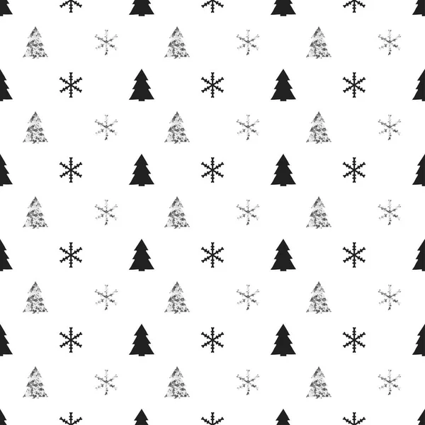 Patrón sin costuras de Navidad Año Nuevo con copos de nieve árbol de Navidad. Fondo de vacaciones. Decoración de Navidad de invierno. Textura plateada. Ilustración vectorial dibujada a mano. Patrón de nieve. Papel de regalo de envolver . — Vector de stock