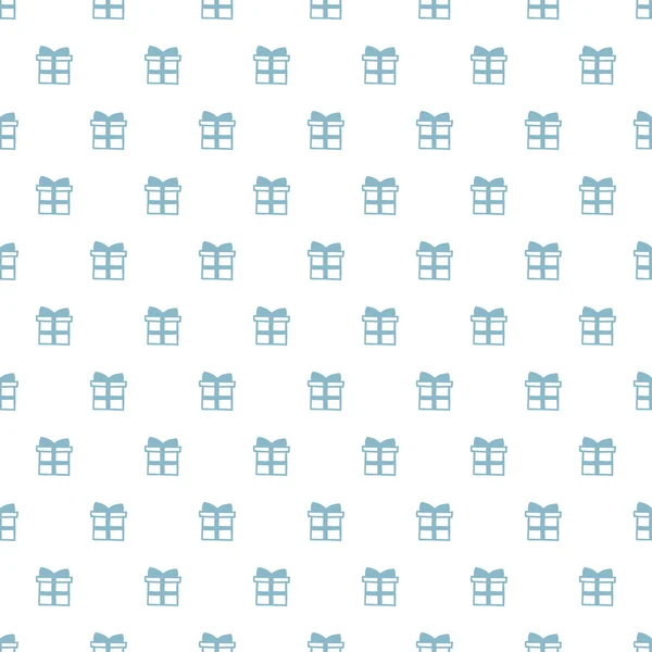 Patrón sin costuras de Navidad Año Nuevo con regalo presente. Fondo azul de vacaciones. Regalo de moda blanco. Decoración de garabatos de invierno de Navidad. Textura festiva. Ilustración vectorial dibujada a mano. Papel de regalo de envolver . — Vector de stock