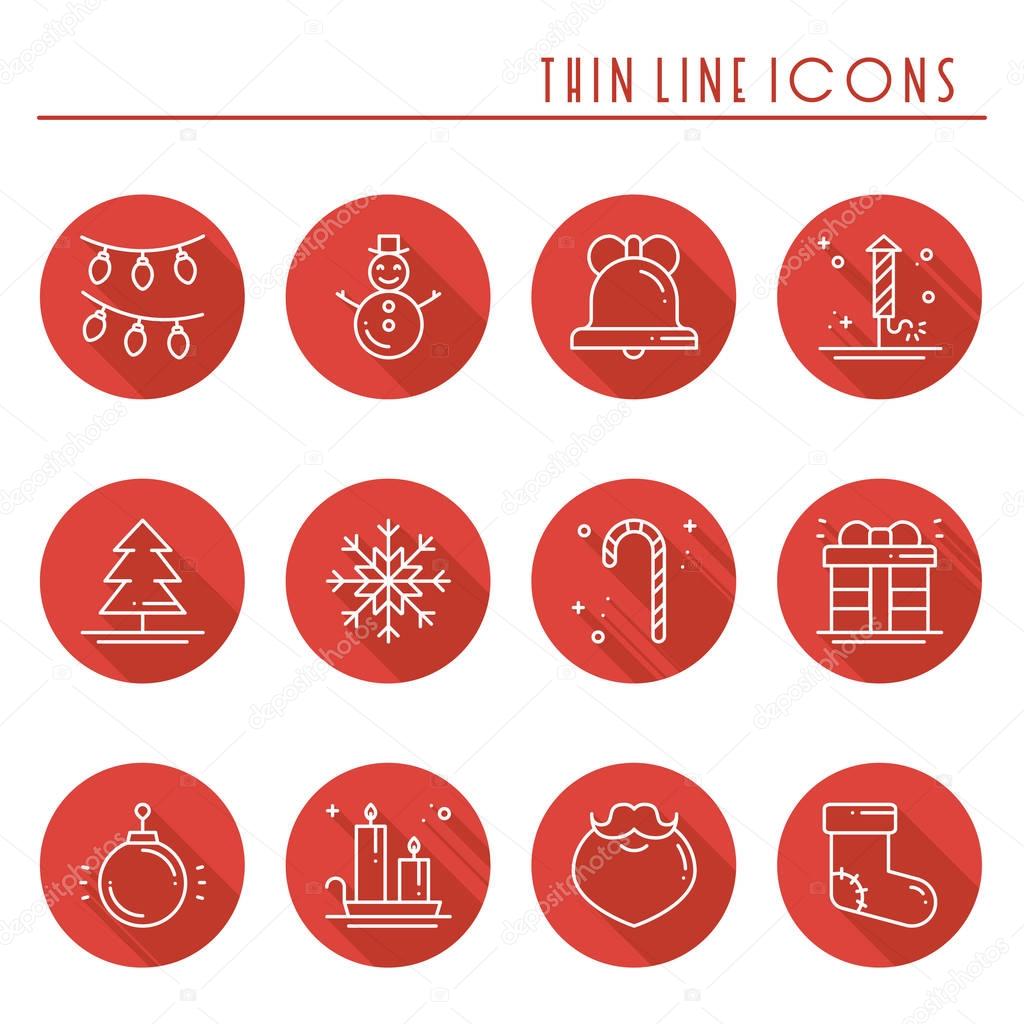 Christmas holiday thin line icons set with long shadow. New Year celebration outline collection. Xmas winter elements. Vector simple flat linear design. Trendy illustration. Symbols. Christmas set.