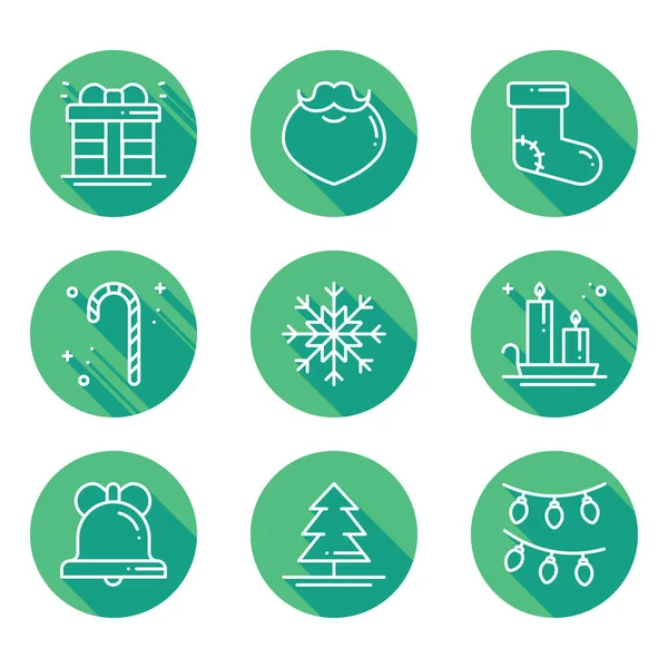 Christmas holiday thin line icons set with long shadow. New Year celebration outline collection. Xmas winter elements. Vector simple flat linear design. Trendy illustration. Symbols. Christmas set. — Stock Vector