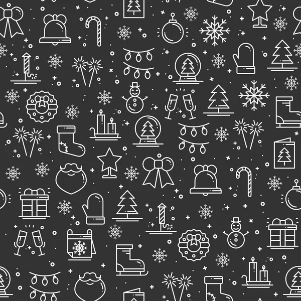 Frohe Weihnachtsfeier nahtlose Muster. Weihnachten Neujahrsferien. Party Dekor Elemente dünne Symbole. Vektorillustration. Linienhintergrund Textur. Schneeflocken Weihnachtsbaum Geschenk Feuerwerk Glocke. — Stockvektor