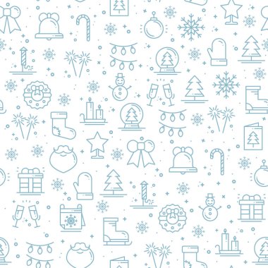 Neşeli Noel partisi kutlama seamless modeli. Yeni yıl tatili. Parti dekor öğeleri ince simgeler. Vektör çizim. Arka plan doku hat. Kar taneleri Noel ağacı hediye havai fişek çan.