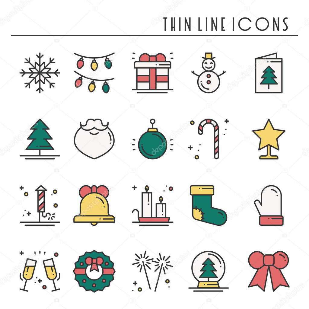 Christmas holiday thin line icons set. New Year celebration outline collection. Basic xmas winter elements. Vector simple flat linear design. Modern trendy illustration. Symbols. Christmas set.