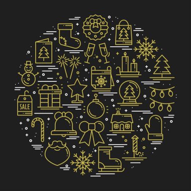 Satır christmas illüstrasyon farklı kış semboller, elemanları, gibi hediyeler, yılbaşı ağacı, havai fişek, çan, kar taneleri çorap, simgeleri yuvarlak baston şeker. Benzersiz Xmas yılbaşı tatil yazdırma.