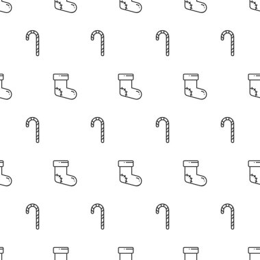 Yılbaşı yeni yıl Noel çorap, şeker kamışı, şeker ile seamless modeli. Tatil arka plan. Çorap. Xmas Kış moda dekorasyon. Festival doku. Çizgi vektör çizim. Hediye kağıt ambalaj.