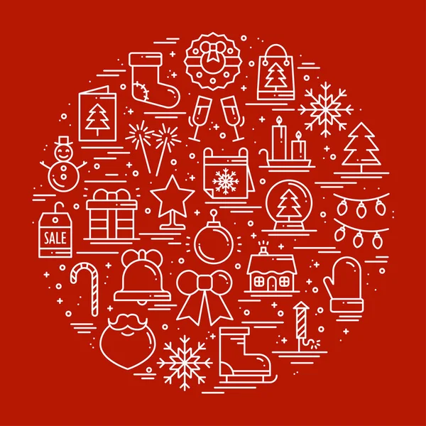 Круглый ряд рождественских иллюстраций с различными зимними символами, элементами, иконками, включая подарки, елку, фейерверк, колокольчик, носки снежинки, леденцовую трость. Новогодние праздники . — стоковый вектор