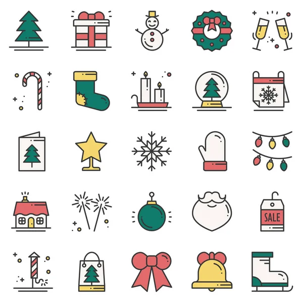 Set de iconos de línea delgada navideña. La celebración de Año Nuevo esboza la colección. Elementos básicos de Navidad invierno. Diseño lineal plano simple del vector. Ilustración moderna de moda. Símbolos. Set de Navidad . — Vector de stock