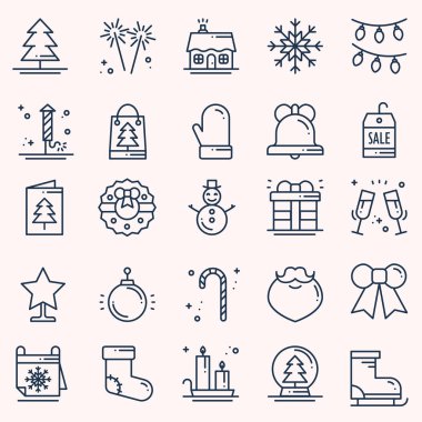 Noel tatil ince çizgi Icons set. Yeni yıl kutlama anahat koleksiyonu. Temel xmas kış öğeleri. Vektör basit düz doğrusal tasarımı. Modern trendy illüstrasyon. Sembolleri. Noel ayarlamak 2018.