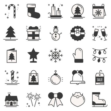 Noel tatil ince çizgi siluet simge ayarlayın. Yeni yıl kutlama anahat koleksiyonu. Temel xmas kış öğeleri. Vektör basit düz doğrusal tasarımı. Trendy illüstrasyon. Sembolleri. Noel ayarlamak.