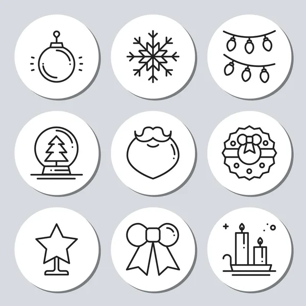 Jul nyår ikoner gåva runda klistermärken. Etiketter xmas set. Hand dras dekorativa element. Samling av semester jul klistermärken i svart vitt. Vektorillustration. Grundelementen för xmas-vinter. — Stock vektor