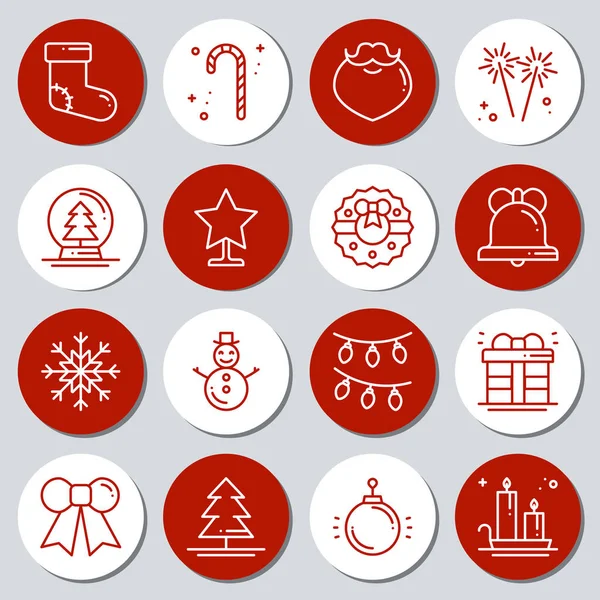 Jul nyår ikoner gåva runda klistermärken. Etiketter xmas set. Hand dras dekorativa element. Samling av semester jul klistermärken i svart vitt. Vektorillustration. Grundelementen för xmas-vinter. — Stock vektor