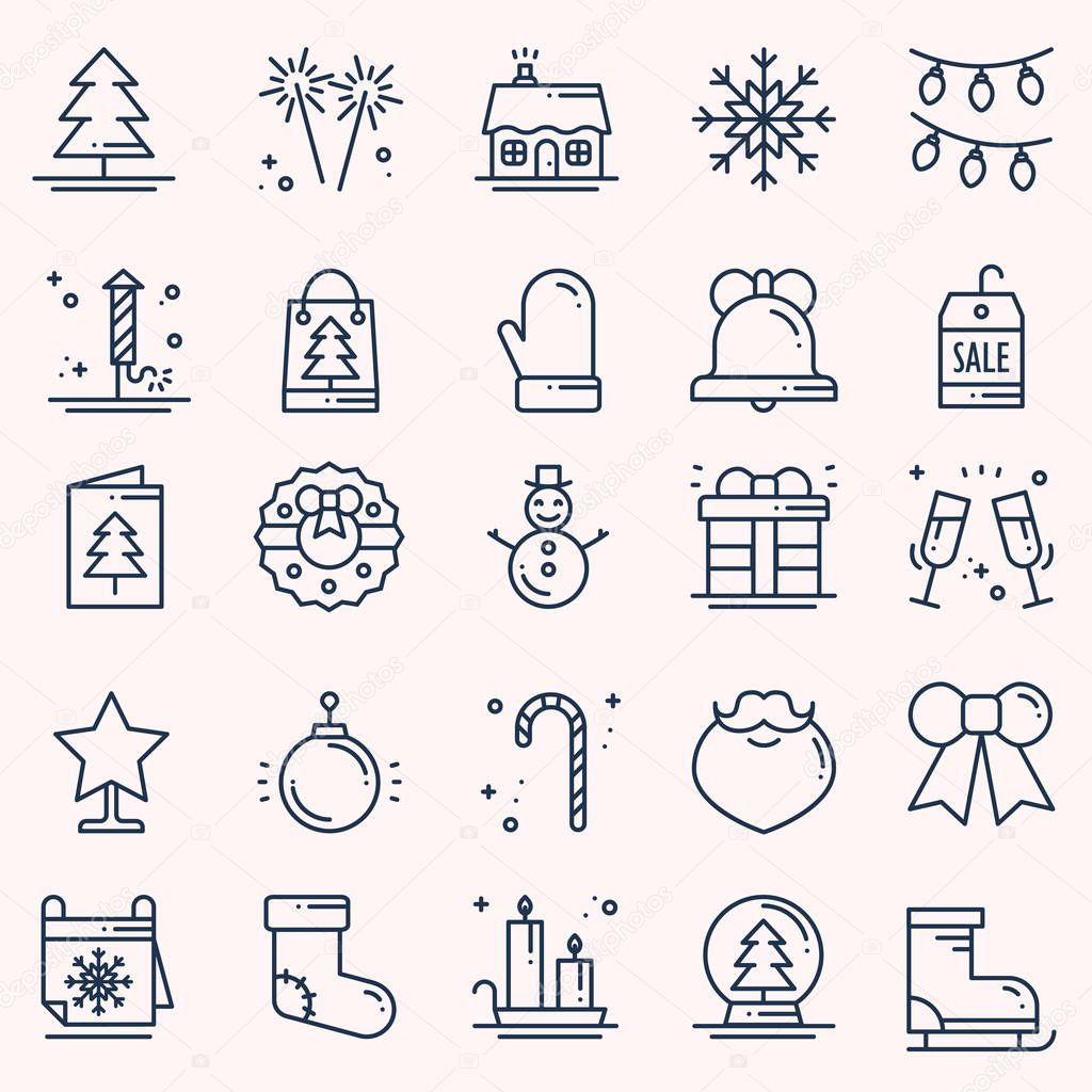 Christmas holiday thin line icons set. New Year celebration outline collection. Basic xmas winter elements. Vector simple flat linear design. Modern trendy illustration. Symbols. Christmas set 2018.