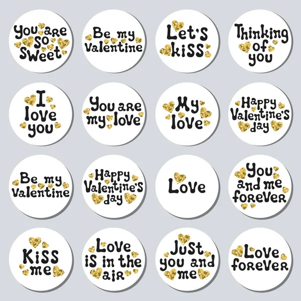 Valentinstag runde Aufkleber Set. Romantische Etiketten. handgezeichnetes dekoratives Element. Liebessatz. Herz-Gold-Symbole. Schriftzug Kalligraphie. Vektorillustration. Valentinstag Sticker Kollektion — Stockvektor