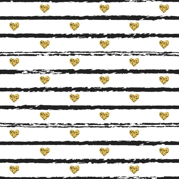 Seamless pattern with hand drawn ink lines and gold heart shapes. Ink illustration. Striped background. Valentines day. — Stock Vector