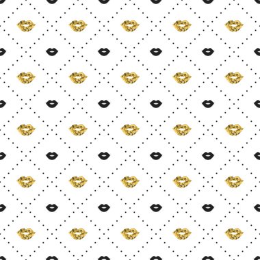 Siyah ve altın dudaklar öpücük şekilleri ile Seamless modeli. Sevgililer günü. Ruj öpücük. Vektör çizim. Arka plan.