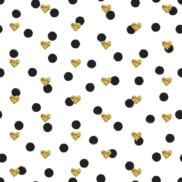 Naadloze hand getekend inkt polka dot patroon met gouden hart vormen. Illustratie van de inkt. Borstel cirkel achtergrond. De dag van Valentijnskaarten. Memphis stijl. — Stockvector