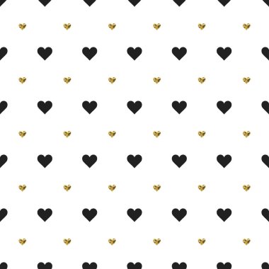 Siyah ve altın kalp şekilleri ile Seamless modeli. Sevgililer günü. Vektör çizim. Arka plan.