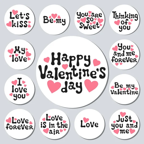 Valentinstag runde Aufkleber Set. Romantische Etiketten. handgezeichnetes dekoratives Element. Liebessatz. Herzsymbole. Schriftzug, Kalligrafie. Vektorillustration. Valentinstag Sticker Kollektion. — Stockvektor