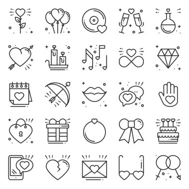 Satır Icons set seviyorum. Mutlu Sevgililer günü işaret ve sembolleri. Aşk, kaç, ilişki, dating, evlilik, tatil, romantik amour Tema. Kalp, dudaklar, hediye.