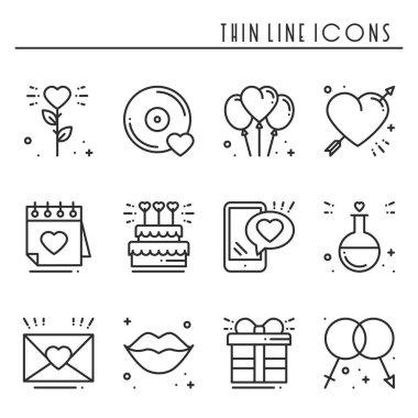 Satır Icons set seviyorum. Mutlu Sevgililer günü işaret ve sembolleri. Aşk, kaç, ilişki, dating, evlilik, tatil, romantik amour Tema. Kalp, dudaklar, hediye.