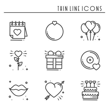 Satır Icons set seviyorum. Mutlu Sevgililer günü işaret ve sembolleri. Aşk, kaç, ilişki, dating, evlilik, tatil, romantik Tema. Kalp, dudaklar, hediye.