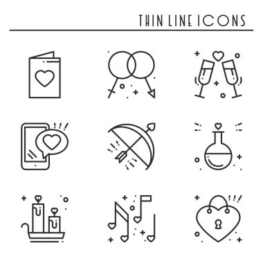 Satır Icons set seviyorum. Mutlu Sevgililer günü işaret ve sembolleri. Aşk, kaç, ilişki, dating, evlilik, tatil, romantik amour Tema. Kalp, hediye.