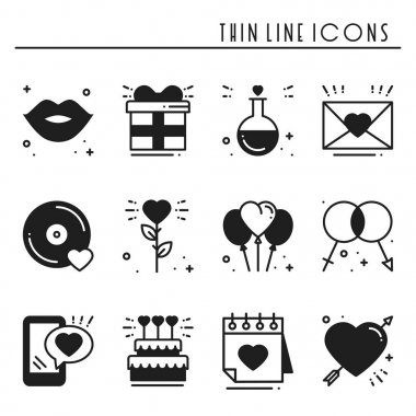 Satır Icons set seviyorum. Mutlu Sevgililer günü siluet işaretleri ve simgeler. Aşk, kaç, ilişki, dating, evlilik, tatil, romantik amour Tema. Kalp, dudaklar, hediye.