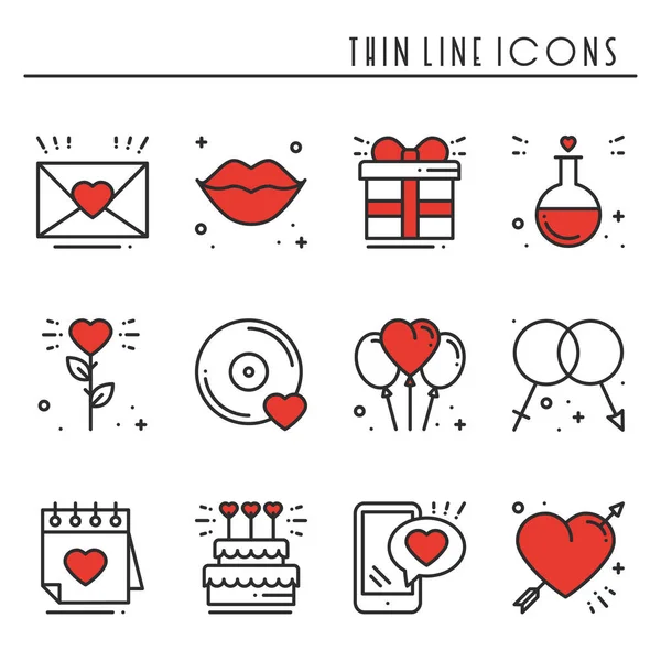 Satır Icons set seviyorum. Mutlu Sevgililer günü işaret ve sembolleri. Aşk, kaç, ilişki, dating, evlilik, tatil, romantik amour Tema. Kalp, dudaklar, hediye. — Stok Vektör