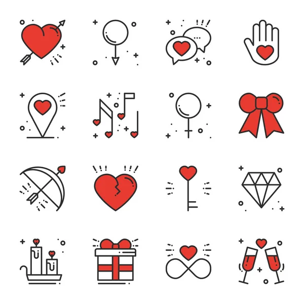 Conjunto de iconos de línea de amor. Feliz día de San Valentín signos y símbolos. Amor, pareja, relación, citas, boda, vacaciones, tema de amor romántico. Corazón, regalo . — Vector de stock