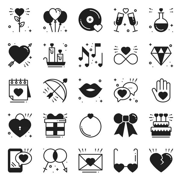 Liebe Linie Symbole gesetzt. glücklicher Valentinstag Silhouette Zeichen und Symbole. Liebe, Paar, Beziehung, Dating, Hochzeit, Urlaub, romantisches Thema. Herz, Lippen, Geschenk. — Stockvektor