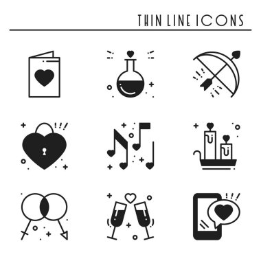 Satır Icons set seviyorum. Mutlu Sevgililer günü siluet işaretleri ve simgeler. Aşk, kaç, ilişki, dating, evlilik, tatil, romantik Tema. Kalp, hediye.