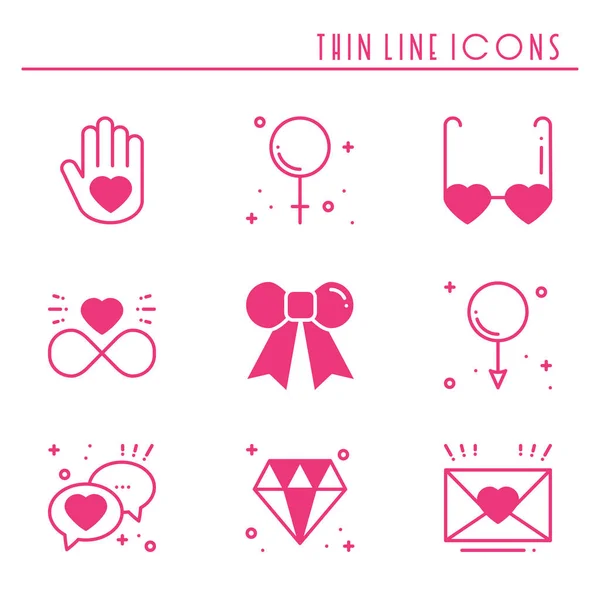 Love line icons set. Happy Valentine day pink silhouette signs and symbols. Love, couple, relationship, dating, wedding, holiday, romantic amour theme. Heart, gift. — Stock Vector