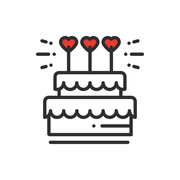 Gâteau de mariage avec icône de ligne de topper coeur. Signe et symbole de mariage. Dessert à tarte. Joyeux anniversaire. Illustration vectorielle. Félicitations ! . — Image vectorielle